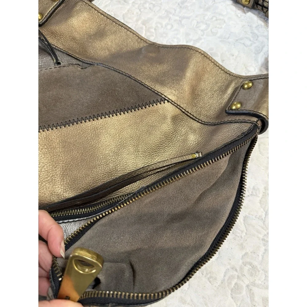 Fossil Handbag Patchwork Bronze Brown Suede Silver‎ Leather Shoulder Handbag